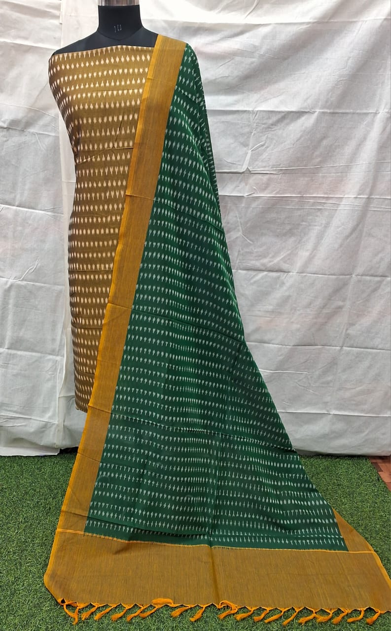 Mustard Green Cotton Ikat Dress Material – Handwoven by Rajasthan Artisans for Boutiques & Designers